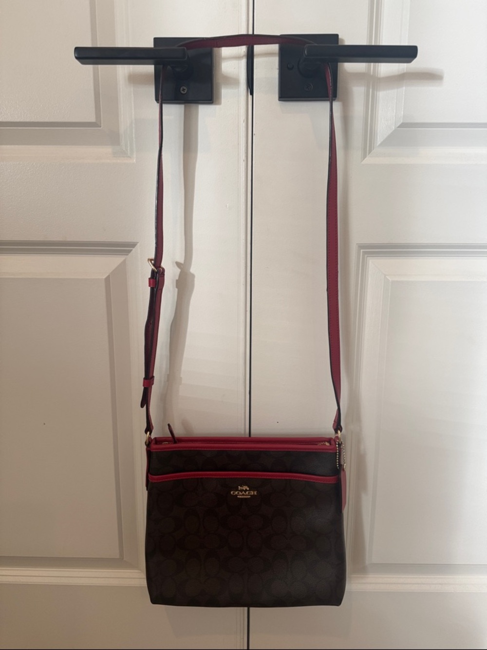Coach Brown Signature Crossbody with Red Trim - Picture 2 of 5